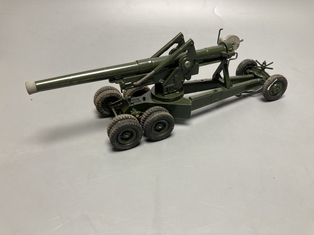 A Britains 155mm gun, with shell case, loader and six shells supplied, boxed, 30cm long